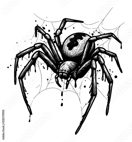 Thick Bold Slimy Drippy Spider on Web Drip Splat Abstract Surreal Paint Messy Black and White Outline Line Art Drawing