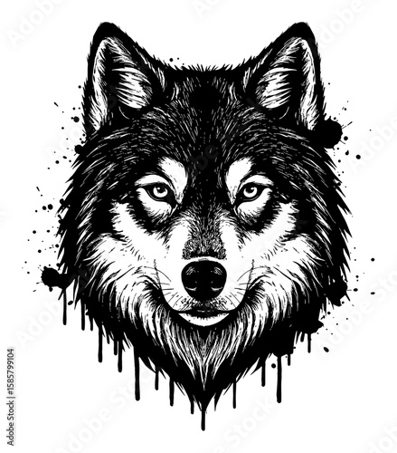 Abstract Surreal Wolf Head with Messy Paint Drips and Splatters Black and White Outline Line Art Drawing