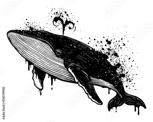 Dynamic Whale Drip and Splat Abstract Surreal Paint Messy Deep Solid Black Everywhere Artistic Black and White Outline Line Art Drawing