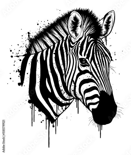 Zebra Head Drip Splat Abstract Surreal Paint Messy Style Black and White Outline Line Art Drawing