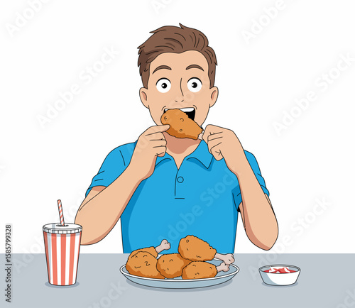 A joyful man enthusiastically enjoying a plate of fried chicken, exemplifying the universal love for comfort food and the delightful experience of sharing meals with loved ones.