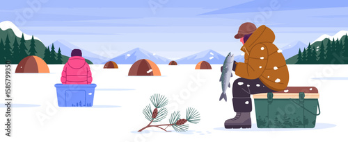 This cozy illustration portrays two ice fishermen braving winter, surrounded by snow and nature, capturing the essence of outdoor leisure and winter sports.