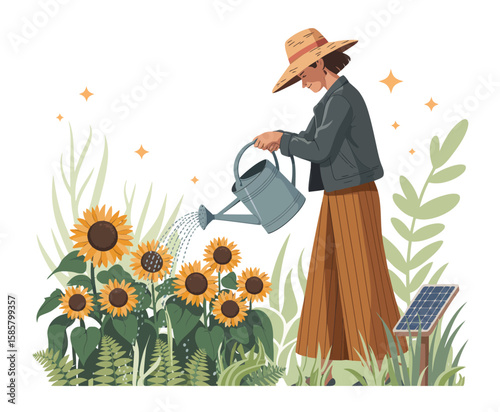 A dedicated gardener with a watering can nurtures vibrant sunflowers, symbolizing growth, care, and connection to nature in a beautiful and lush garden setting.