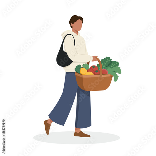 A stylish illustration of an individual walking with a basket filled with fresh produce, representing healthy living and sustainability, suitable for topics related to food, wellness, or lifestyles.