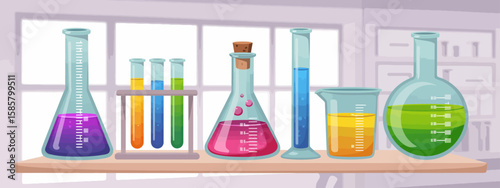 An arrangement of vibrant laboratory equipment, showcasing colorful liquids in beakers and tubes, representing the excitement of science and innovation in a lab setting.