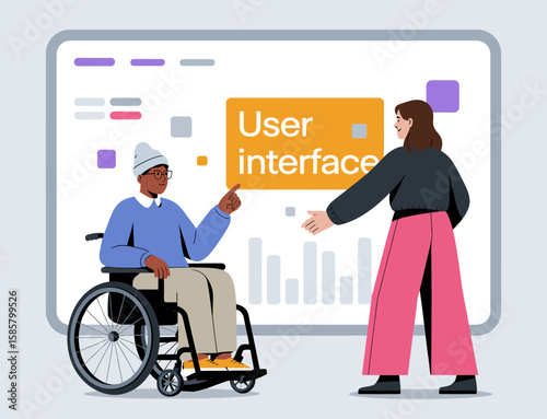 A diverse scene showcasing a person in a wheelchair interacting with a user interface, emphasizing accessibility and inclusion in design for technology and user experiences.