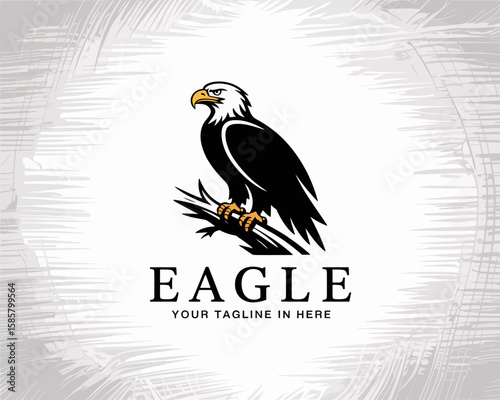 A striking black and white logo design of a majestic eagle perched on a branch, symbolizing strength, freedom, and elegance for various branding purposes.