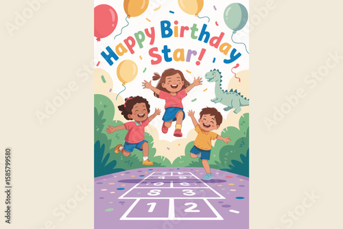 A vibrant birthday celebration scene featuring three children jumping with glee, surrounded by colorful balloons, confetti, and a cheerful atmosphere full of joy and fun.