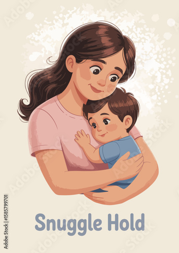 This heartwarming illustration shows a mother holding her child in a loving embrace, capturing the essence of tenderness, bond, and nurturing in family life.