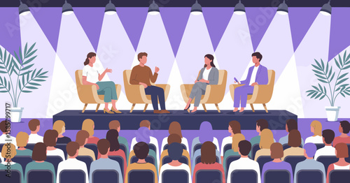 A lively panel discussion in a modern venue with speakers engaging with a captivated audience, highlighting collaboration, knowledge sharing, and public discourse.