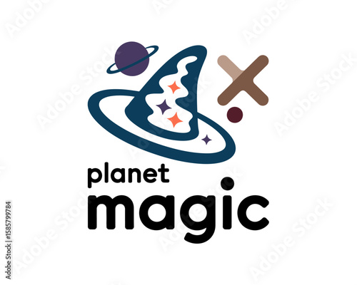A vibrant illustration featuring a whimsical planet with a magical hat, surrounded by a planet and abstract shapes evoking a sense of wonder and imagination.