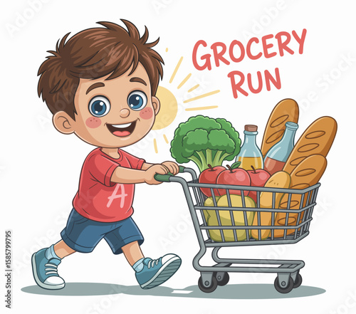A joyful child joyfully pushes a shopping cart full of groceries, embodying the spirit of community, learning responsibility, and experiencing family activities together.
