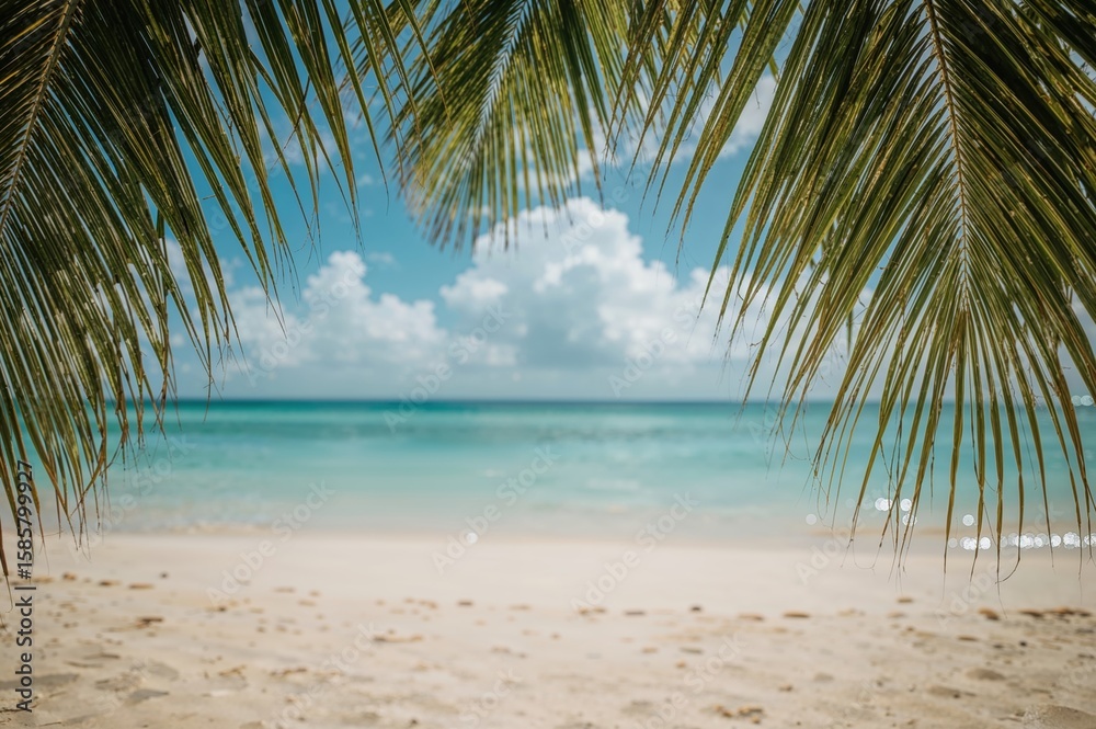Fototapeta premium Beautiful tropical beach scene with palm trees and turquoise water ideal for travel and tourism photography 