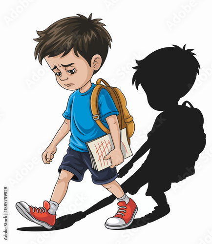 A sad young boy walking with a heavy backpack, his shadow illustrating a heavy emotional burden, symbolizing the struggles and challenges faced by children today.