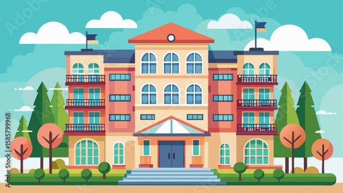 Vector art of a charming illustration of a multistory building with balconies, flags, and trees, set against a blue sky