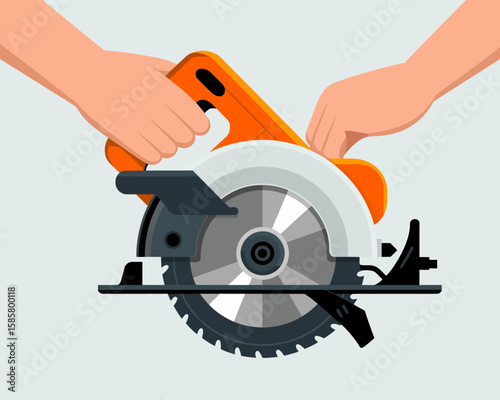 Two hands gripping a circular saw equipped with safety features, symbolizing the importance of safety and skill in woodworking and construction industries.