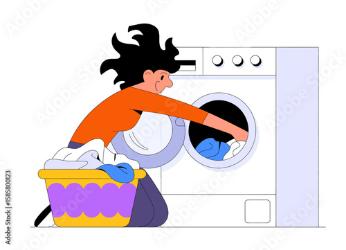 An engaging illustration of a character enthusiastically placing clothes into a washing machine, embodying the routine of household chores with a fun and lively attitude.