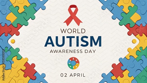 Puzzle pieces and awareness ribbon promoting World Autism Awareness Day, celebrated on April 2nd