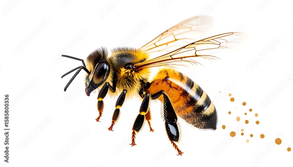 Close-up of a honeybee in flight, against a white background Close-up of a honeybee in flight, against a white background