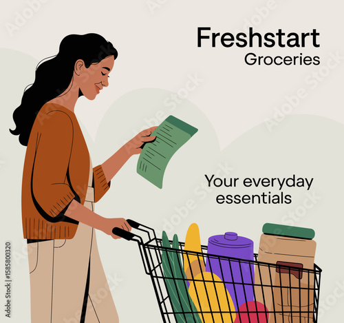 A woman checks her grocery list while pushing a shopping cart filled with colorful groceries, symbolizing everyday shopping and the essentials of life.