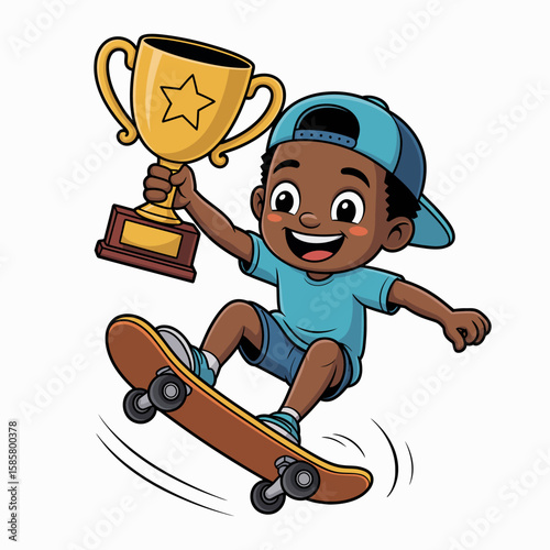 This dynamic illustration shows a young boy skateboarding while proudly holding up a trophy, embodying victory, excitement, and the thrill of sports and competition.