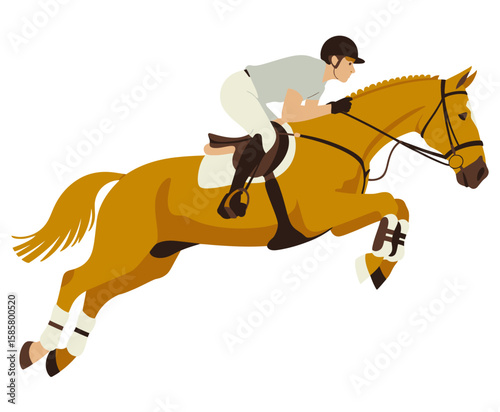 An action-packed illustration of a horse and rider in mid-jump, capturing the thrill of equestrian sports and the bond between human and horse in perfect synergy.