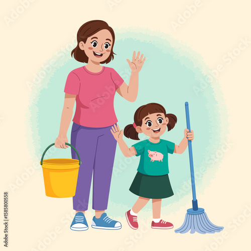 A heartwarming illustration showing a mother and daughter happily cleaning together, representing teamwork and the joy found in everyday family activities and shared responsibilities.