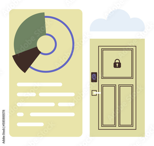Pie chart and text on a document paired with a locked door under a cloud, highlighting analysis, security. Ideal for cybersecurity, privacy, analytics, data protection, cloud storage, access control