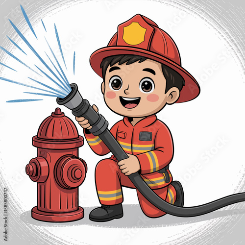 A cheerful child in a firefighter costume joyfully sprays water from a hydrant, embodying the spirit of adventure and heroism in a playful and colorful illustration.