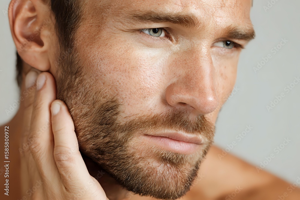 Fototapeta premium Caucasian male model with stubble beard touching neck in contemplative pose against light background, showcasing masculine grooming and skincare concept.
