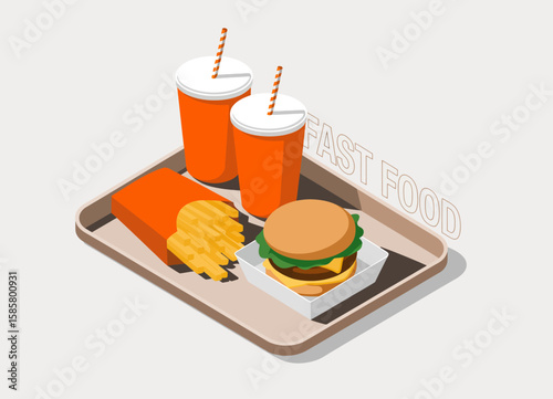 An enticing fast food meal featuring a burger, fries, and two cold drinks, perfect for conveying the convenience and enjoyment of quick dining options.