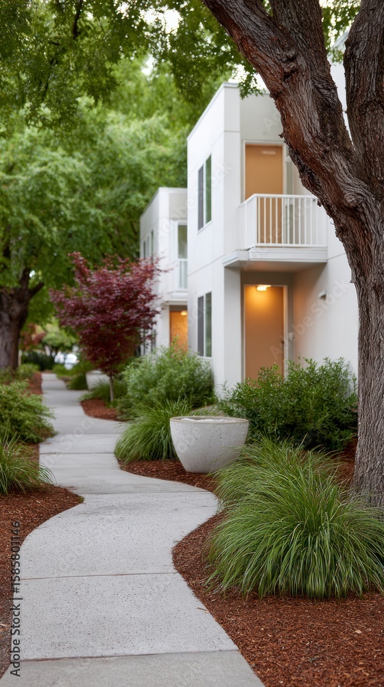 Obraz premium Modern white apartment buildings with landscaped walkways and mature trees