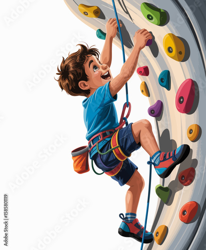 This dynamic image captures a young boy climbing a rock wall, displaying determination and enthusiasm, ideal for themes of adventure, sports, and growth.