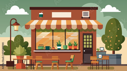 Vector art of a cozy cafe with a prominent awning, large windows displaying coffee shop items, and outdoor seating with tables and chairs