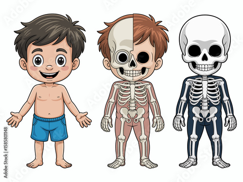 A vibrant, educational illustration showcasing the anatomy of a child, highlighting skeletal structure alongside a youthful, cheerful appearance and dynamic poses.
