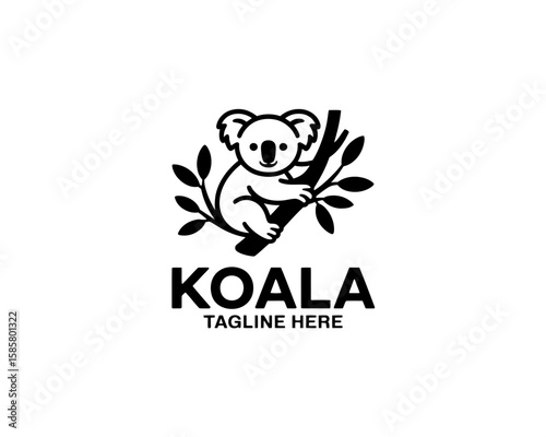 A cute logo featuring a playful koala sitting on a branch surrounded by leaves, emphasizing a friendly and delightful theme suitable for various branding options.