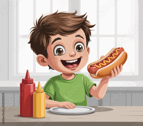 This playful illustration captures a cheerful child holding a hot dog, symbolizing the joy of childhood, fun meals, and family gatherings, perfect for food-related concepts.