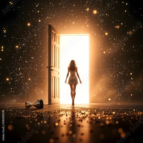 Lady walking in her shining future with light particles flying around
