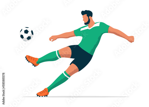 An athletic soccer player shown mid-kick captures the dynamic energy of sports and teamwork, appealing to fans and promoting the spirit of competition and athleticism.