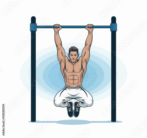 A muscular man is demonstrating strength and determination as he performs a pull-up exercise, showcasing fitness, athleticism, and physical strength in a gym environment.