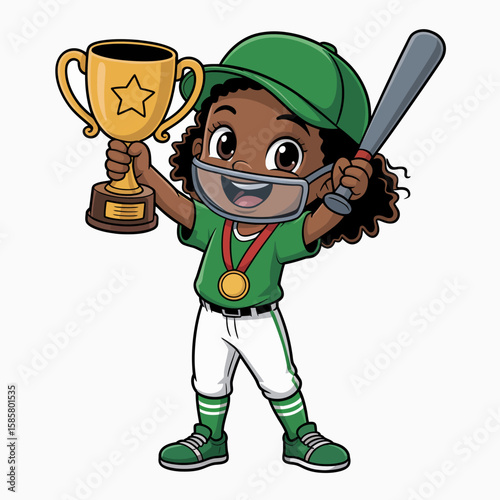 A joyful child celebrates a sports victory holding a trophy and baseball bat, showcasing excitement and the spirit of teamwork after a successful game. Perfect for sports themes.