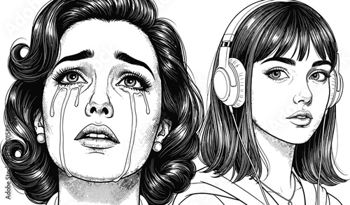 Crying woman juxtaposed with a woman listening to music on headphones