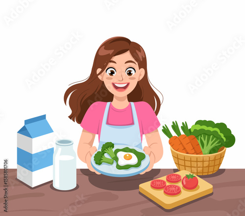 A cheerful girl wearing an apron presents a delicious plate of vegetables and eggs, embodying the joy of cooking and healthy eating in everyday life.