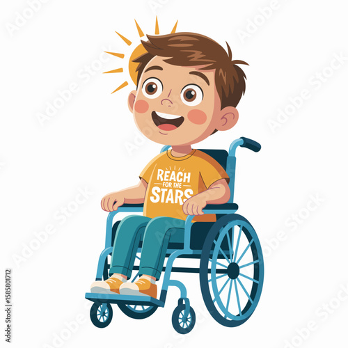 This illustration captures a joyful boy in a wheelchair, highlighting the theme of determination and hope as he smiles and reaches for the stars in his bright surroundings.