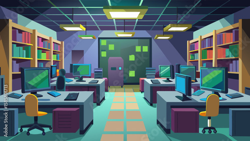 Vector art of a modern office interior with multiple computer workstations, server racks, and bookshelves, illuminated by overhead lighting
