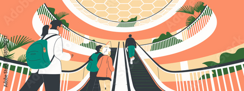 A diverse group of individuals ascending on an escalator in a vibrant, modern architectural space, reflecting the essence of urban life and community interaction.