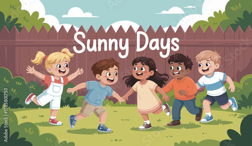 A vibrant depiction of diverse children playing joyfully in a backyard, encapsulating the essence of childhood friendship and sunny days, an illustration filled with cheer.