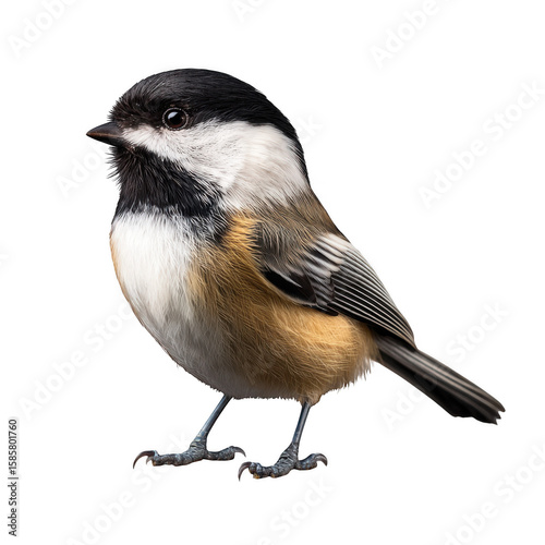 Detailed close up of a black capped chickadee bird isolated on transparent background