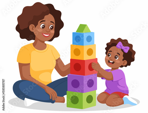 In this heartfelt image, a mother and daughter are playing with colorful building blocks, portraying love, creativity, and bonding in a warm, inviting environment.