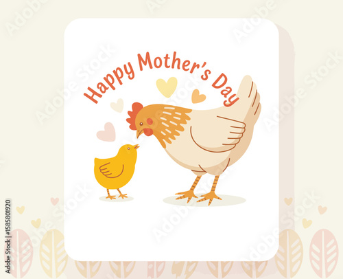 A charming illustration of a mother hen and her chick exchanging love, symbolizing maternal care, tenderness, and the special bond between a parent and child on Mother's Day.